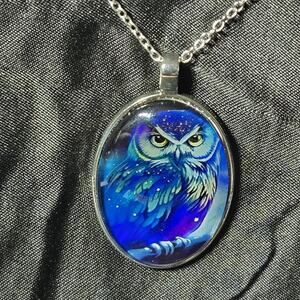 Owl Pendant Oval Silver Tone Necklace 19" Lobster Claw Chain Animal Jewelry